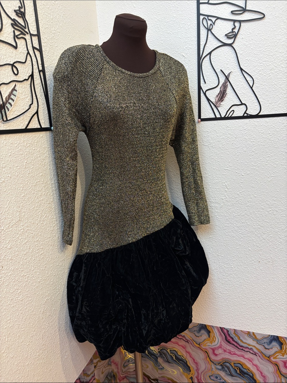 Vintage 1980’s Craig Adams Gold Knit Black Velvet Bubble Dress. Size 13/14